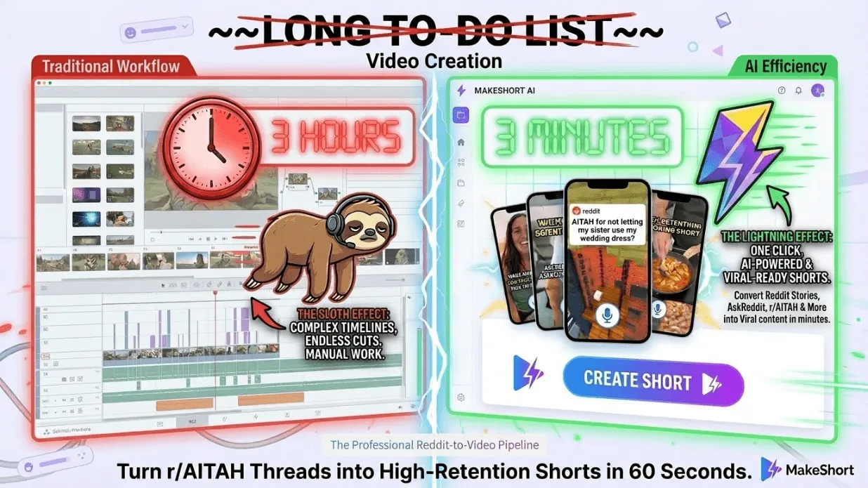 MakeShort AI 实时 Reddit 趋势仪表盘，展示热门 AITA 故事，附一键生成无人出镜短视频的按钮。