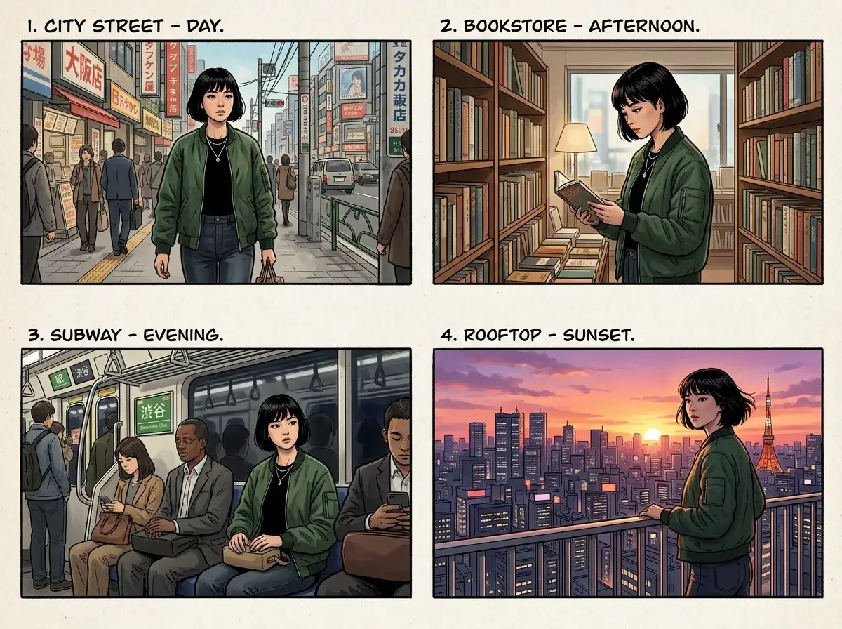 A multi-scene character set generated by Seedream AI with consistent identity and visual style across frames.