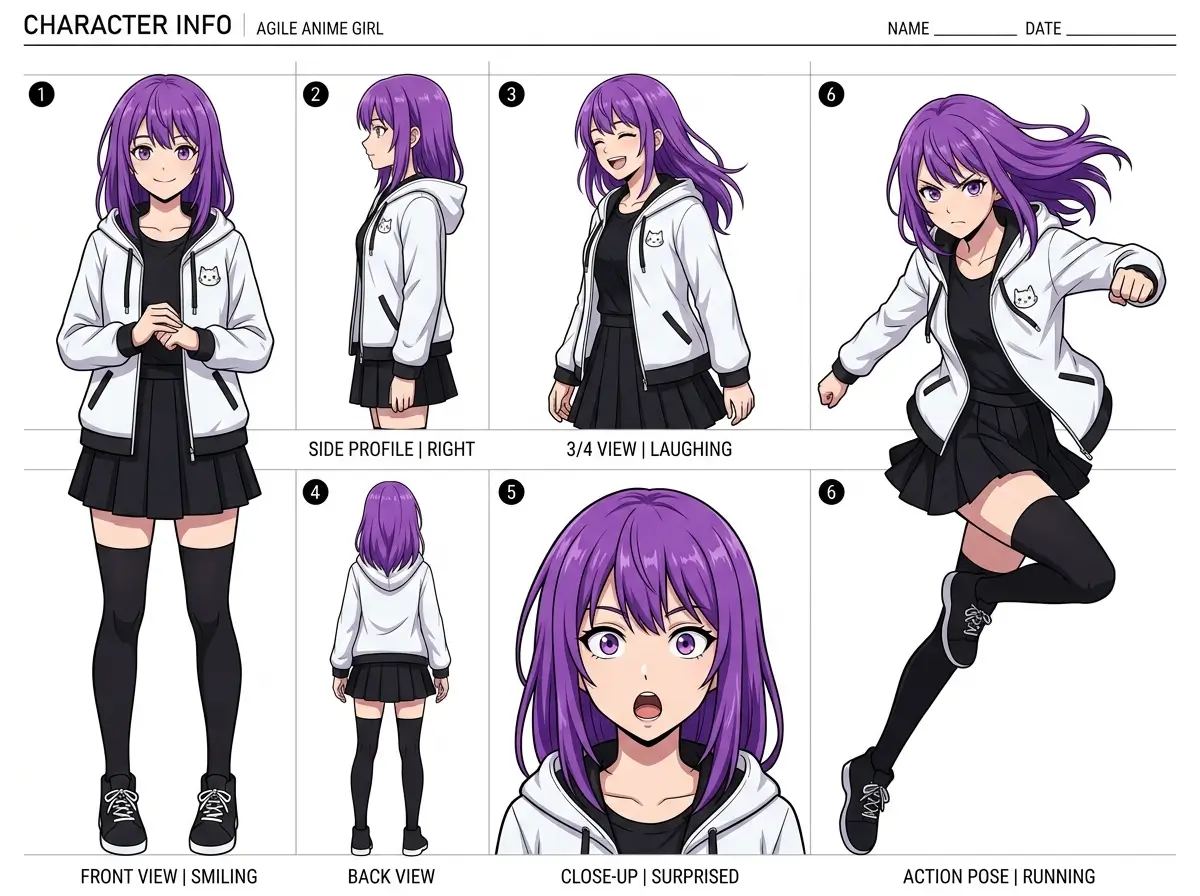 A character design sheet generated by Nano Banana Pro AI showing the same character in multiple poses and expressions with perfect consistency across all variations.