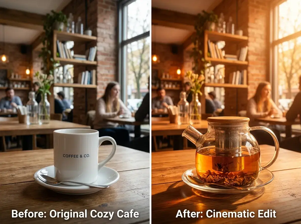 A before-and-after Seedream AI editing example showing precise object replacement and natural prompt-based refinements.
