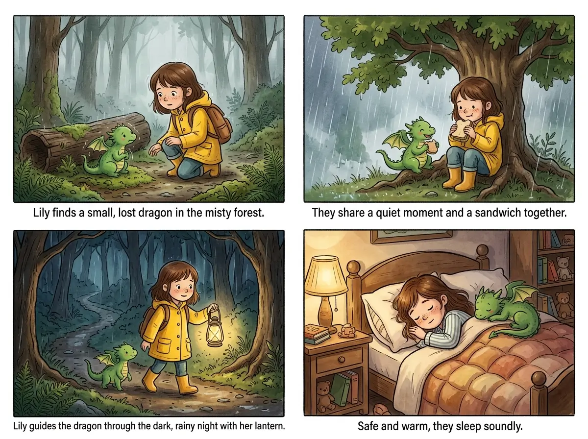 Un guion gráfico ilustrado de cuatro paneles con apariencia de personajes e iluminación coherentes en todos los fotogramas generados por Seedream 4.5 AI.