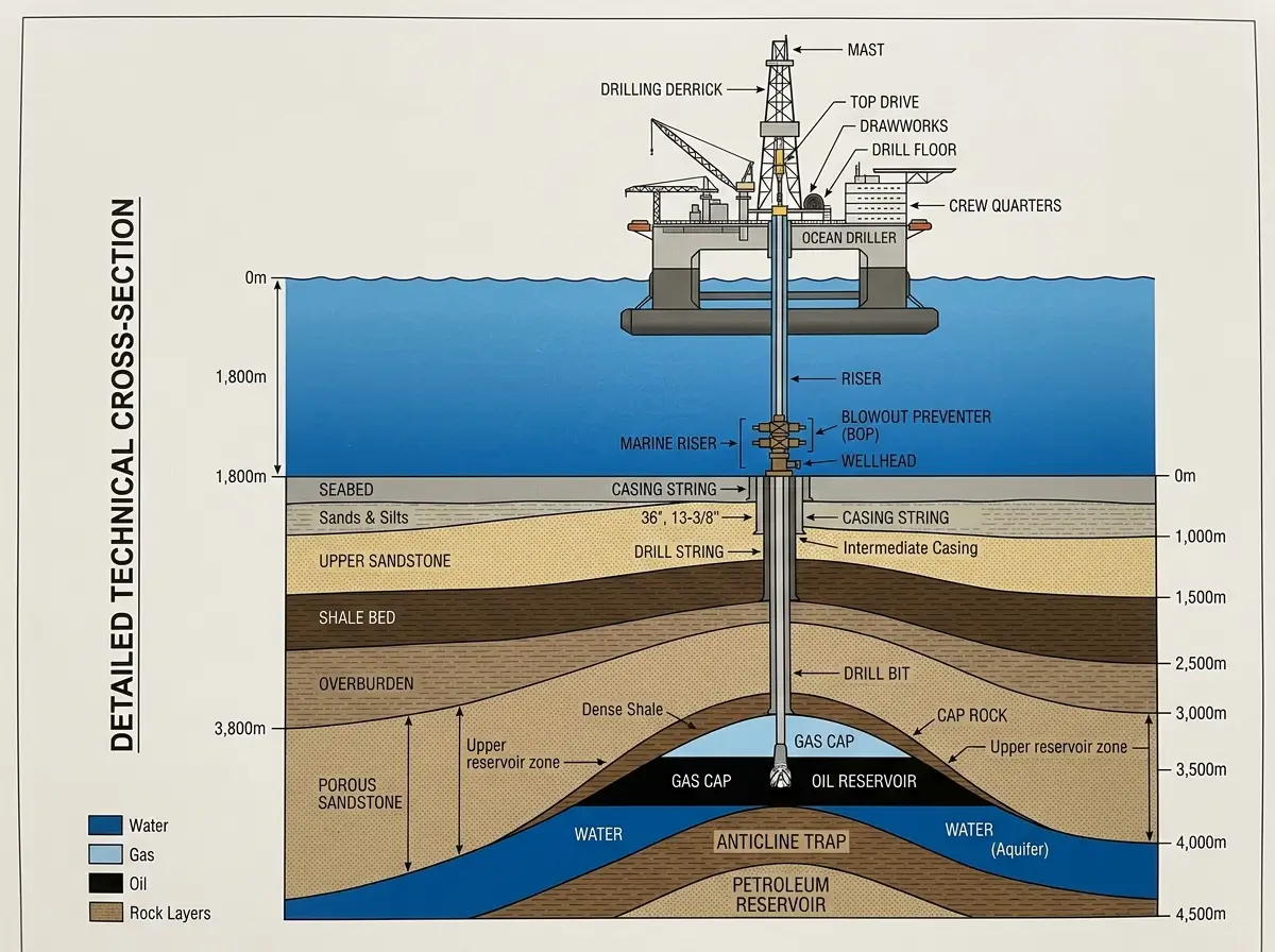 Un diagrama técnico detallado de un sistema de perforación petrolera generado por Seedream 5.0 Lite AI en resolución 4K que muestra capas geológicas precisas y anotaciones profesionales.